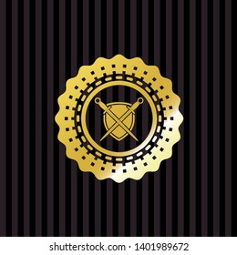swords crossed with shield icon inside golden badge or emblem