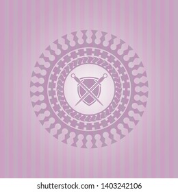 swords crossed with shield icon inside pink emblem