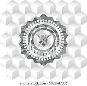 swords crossed with shield icon inside retro style grey emblem with geometric cube white background