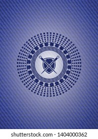 swords crossed with shield icon inside emblem with jean texture