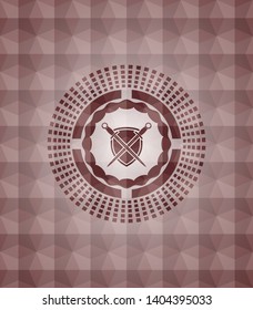swords crossed with shield icon inside red emblem with geometric background. Seamless.