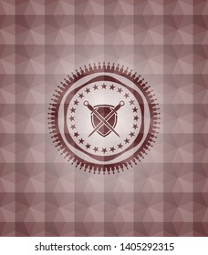 swords crossed with shield icon inside red geometric pattern emblem. Seamless.