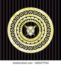 swords crossed with shield icon inside golden badge or emblem