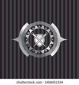 swords crossed with shield icon inside silvery badge