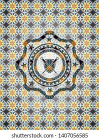 swords crossed with shield icon inside arabesque style emblem. arabic decoration.