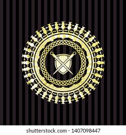 swords crossed with shield icon inside golden badge or emblem