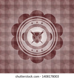 swords crossed with shield icon inside red seamless emblem with geometric background.