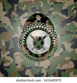 swords crossed with shield icon inside camouflage texture