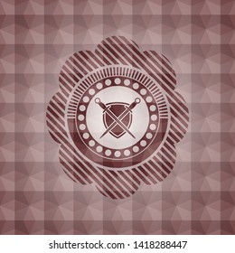 swords crossed with shield icon inside red geometric badge. Seamless.