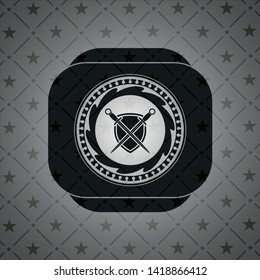 swords crossed with shield icon inside realistic black emblem