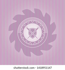 swords crossed with shield icon inside realistic pink emblem