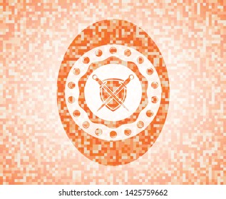 swords crossed with shield icon inside abstract orange mosaic emblem