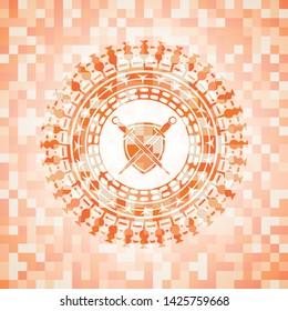swords crossed with shield icon inside orange tile background illustration. Square geometric mosaic seamless pattern with emblem inside.
