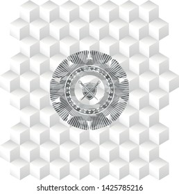 swords crossed with shield icon inside realistic grey emblem with geometric cube white background