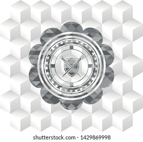 swords crossed with shield icon inside grey emblem. Retro with geometric cube white background