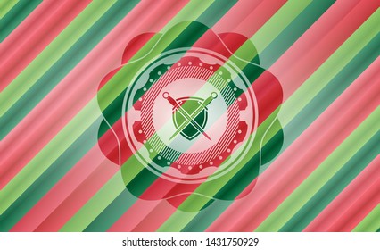 swords crossed with shield icon inside christmas colors emblem.