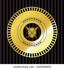 swords crossed with shield icon inside gold shiny emblem