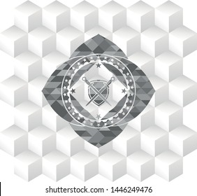 swords crossed with shield icon inside realistic grey emblem with cube white background