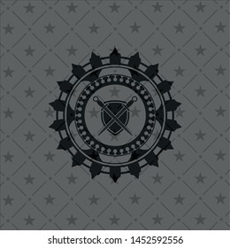 swords crossed with shield icon inside black badge