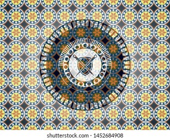 swords crossed with shield icon inside arabesque badge background. arabic decoration.