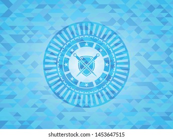 swords crossed with shield icon inside light blue mosaic emblem