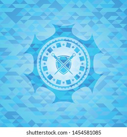 swords crossed with shield icon inside realistic light blue mosaic emblem