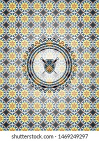swords crossed with shield icon inside arabic emblem background. Arabesque decoration.