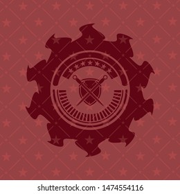 swords crossed with shield icon inside red emblem. Vintage.