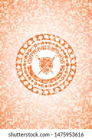 swords crossed with shield icon inside abstract emblem, orange mosaic background