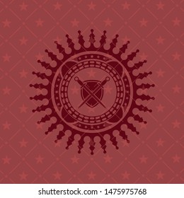 swords crossed with shield icon inside red emblem. Retro