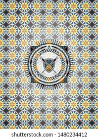 swords crossed with shield icon inside arabic badge. Arabesque decoration.