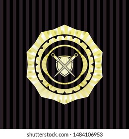 swords crossed with shield icon inside golden badge or emblem