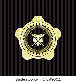 swords crossed with shield icon inside golden emblem or badge