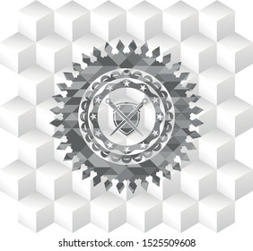 swords crossed with shield icon inside retro style grey emblem with geometric cube white background