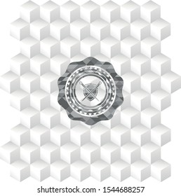 swords crossed with shield icon inside grey emblem with cube white background
