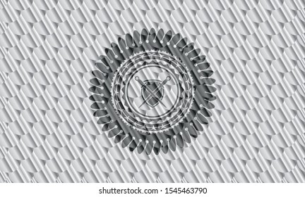 swords crossed with shield icon inside silver color badge or emblem. Scales pattern. Vector Illustration. Detailed.