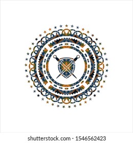 swords crossed with shield icon inside arabesque badge background. arabic decoration.