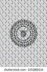 swords crossed with shield icon inside silver color badge or emblem. Scales pattern. Vector Illustration. Detailed.