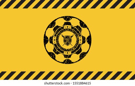 swords crossed with shield icon inside warning sign, black grunge emblem. Vector Illustration. Detailed.