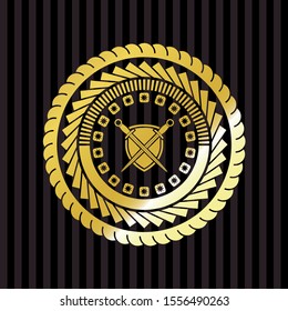 swords crossed with shield icon inside gold emblem or badge