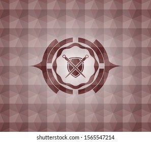 swords crossed with shield icon inside red badge with geometric pattern. Seamless.