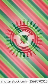 swords crossed with shield icon inside christmas style emblem.