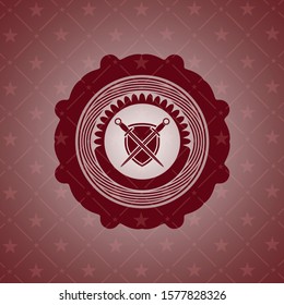 swords crossed with shield icon inside red emblem. Vintage.