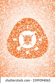 swords crossed with shield icon inside abstract orange mosaic emblem