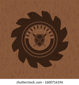 swords crossed with shield icon inside badge with wooden background