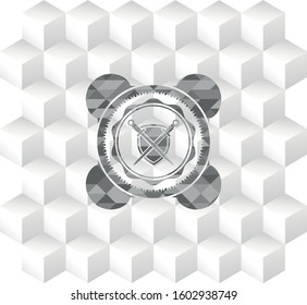 swords crossed with shield icon inside retro style grey emblem with geometric cube white background
