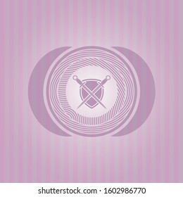 swords crossed with shield icon inside badge with pink background