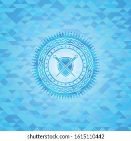 swords crossed with shield icon inside sky blue mosaic emblem