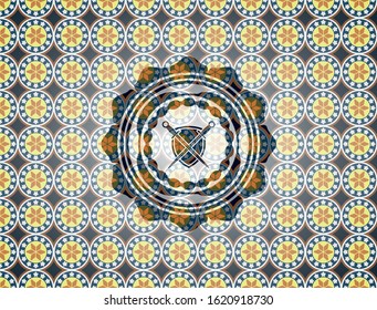 swords crossed with shield icon inside arabic badge. Arabesque decoration.