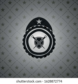 swords crossed with shield icon inside dark emblem. Retro